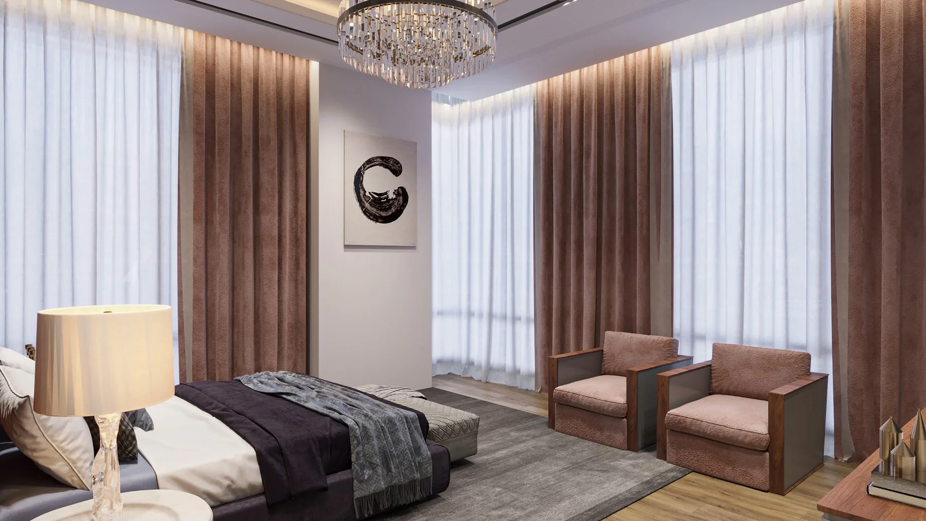 Otel odasında yatak ve oturma alanı